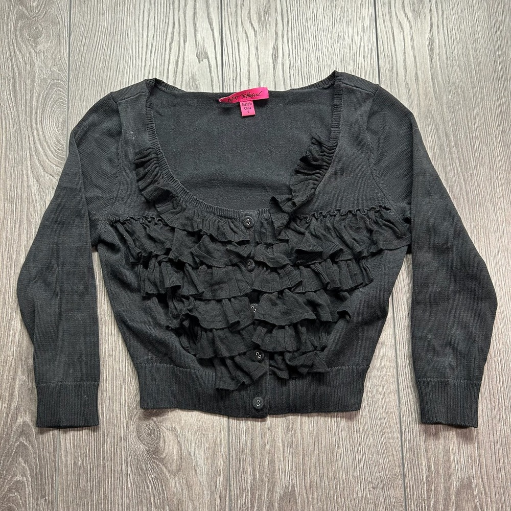 Betsey Johnson Black Cropped Ruffle Front Cardigan Sweater Size S Scoop Neck